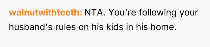 walnutwithteeth NTA. You're following your husband's rules on his kids...