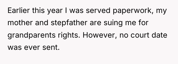 Earlier this year I was served paperwork, my mother and...