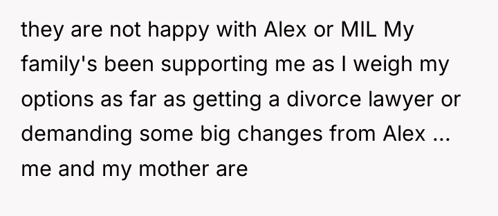 they are not happy with Alex or MIL My family's...