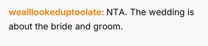 wealllookeduptoolate NTA. The wedding is about the bride and groom.