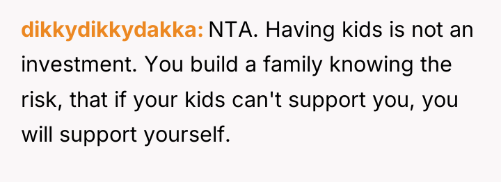 dikkydikkydakka NTA. Having kids is not an investment. You build...