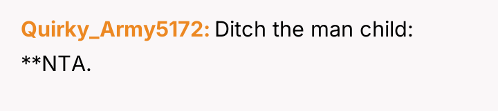 Quirky_Army5172 Ditch the man child: **NTA.