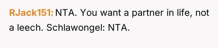 RJack151 NTA. You want a partner in life, not a...