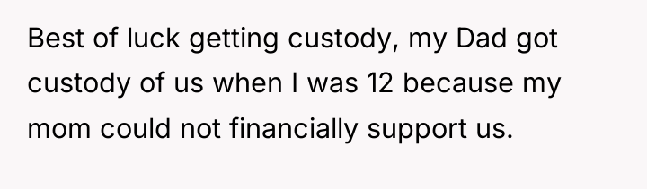 Best of luck getting custody, my Dad got custody of...