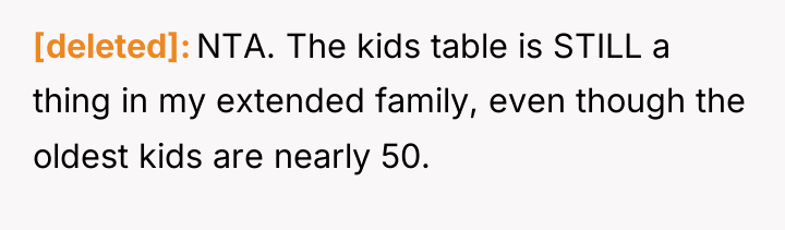 [deleted] NTA. The kids table is STILL a thing in...