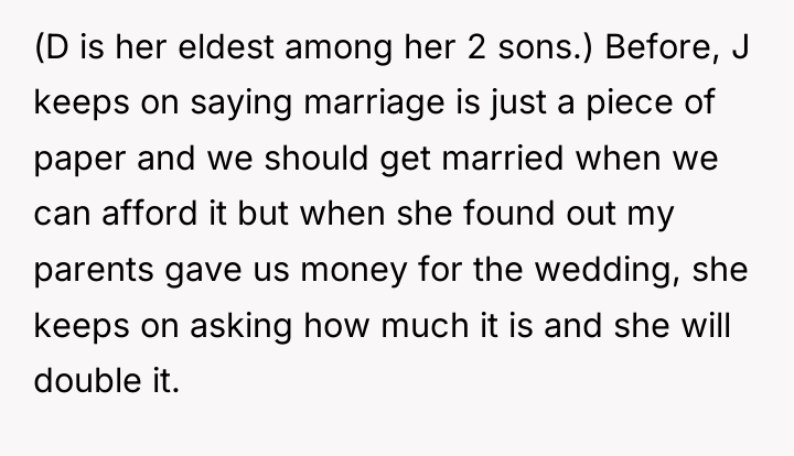 (D is her eldest among her 2 sons.) Before, J...