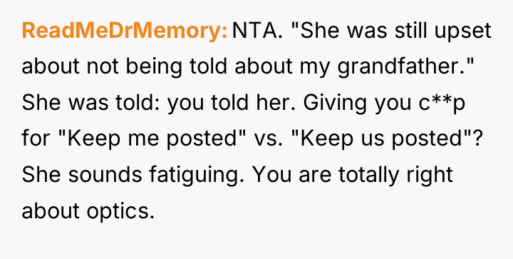 ReadMeDrMemory NTA. "She was still upset about not being told...