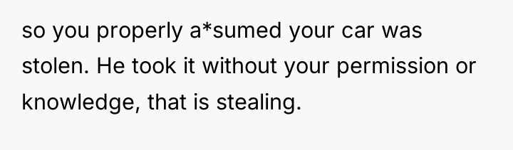 so you properly a*sumed your car was stolen. He took...