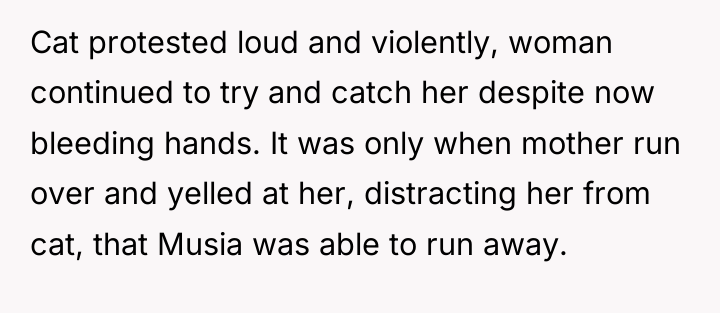 Cat protested loud and violently, woman continued to try and...
