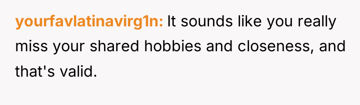 yourfavlatinavirg1n It sounds like you really miss your shared hobbies...