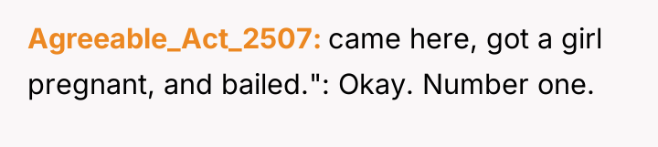 Agreeable_Act_2507 came here, got a girl pregnant, and bailed.": Okay....