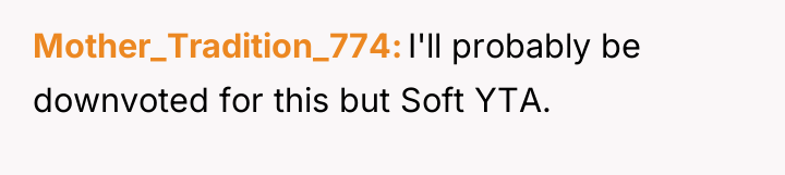 Mother_Tradition_774 I'll probably be downvoted for this but Soft YTA.
