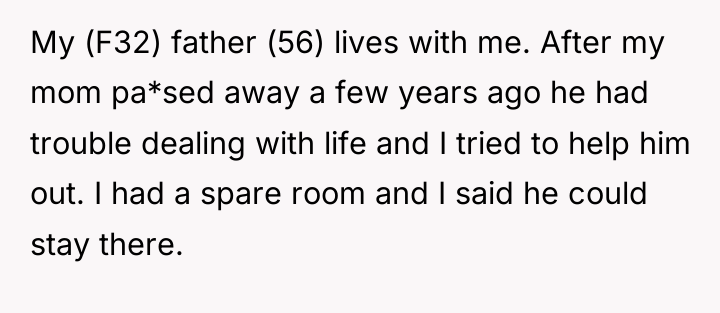 My (F32) father (56) lives with me. After my mom...