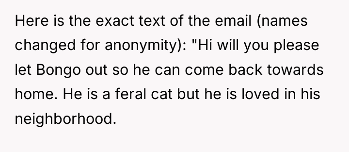 Here is the exact text of the email (names changed...