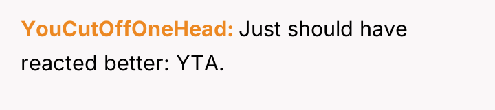 YouCutOffOneHead Just should have reacted better: YTA.