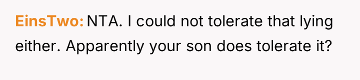 EinsTwo NTA. I could not tolerate that lying either. Apparently...