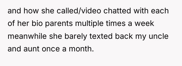 and how she called/video chatted with each of her bio...