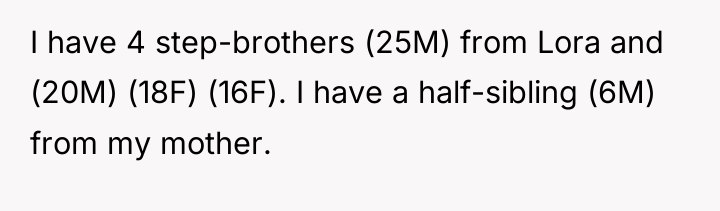 I have 4 step-brothers (25M) from Lora and (20M) (18F)...