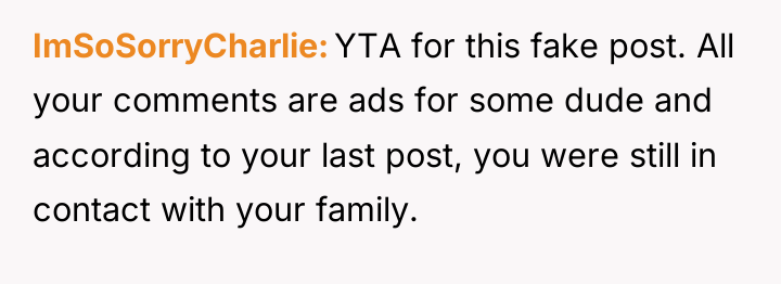 ImSoSorryCharlie YTA for this fake post. All your comments are...