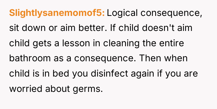 Slightlysanemomof5 Logical consequence, sit down or aim better. If child...