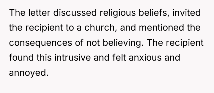 The letter discussed religious beliefs, invited the recipient to a...