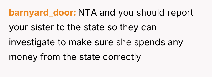 barnyard_door NTA and you should report your sister to the...