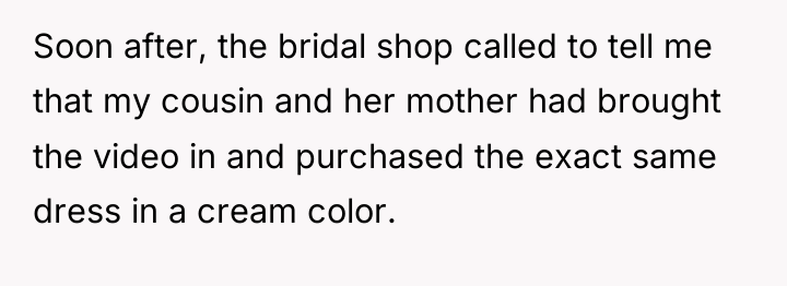 Soon after, the bridal shop called to tell me that...