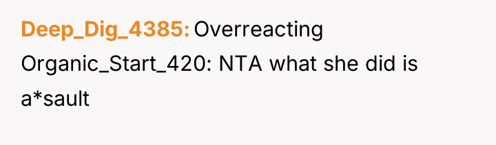 Deep_Dig_4385 Overreacting Organic_Start_420: NTA what she did is a*sault