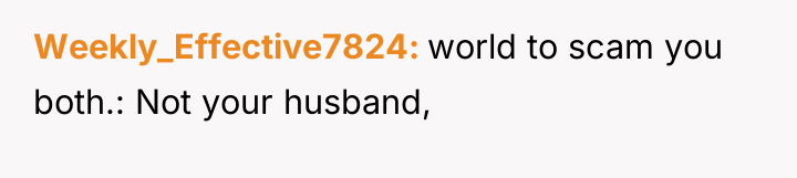 Weekly_Effective7824 world to scam you both.: Not your husband,