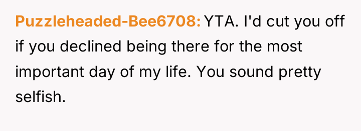 Puzzleheaded-Bee6708 YTA. I'd cut you off if you declined being...