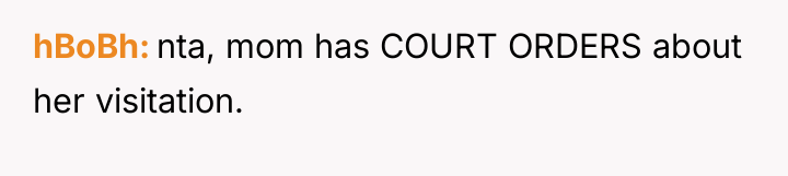 hBoBh nta, mom has COURT ORDERS about her visitation.