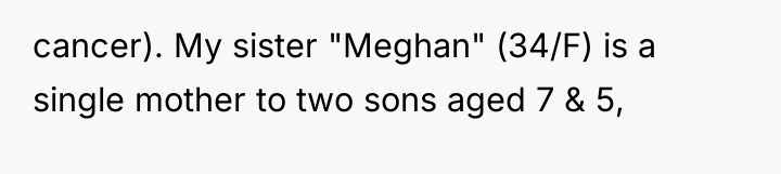 cancer). My sister "Meghan" (34/F) is a single mother to...