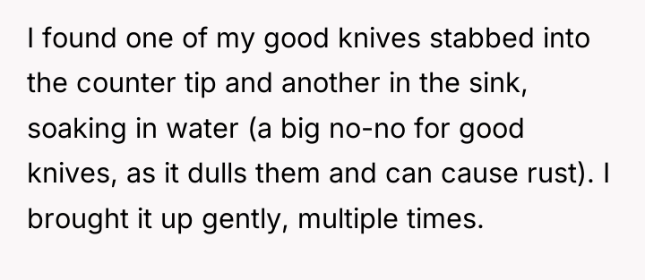 I found one of my good knives stabbed into the...