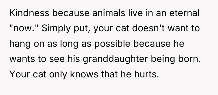 Kindness because animals live in an eternal "now." Simply put,...