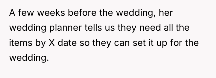 A few weeks before the wedding, her wedding planner tells...