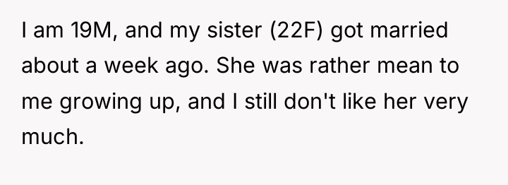 I am 19M, and my sister (22F) got married about...