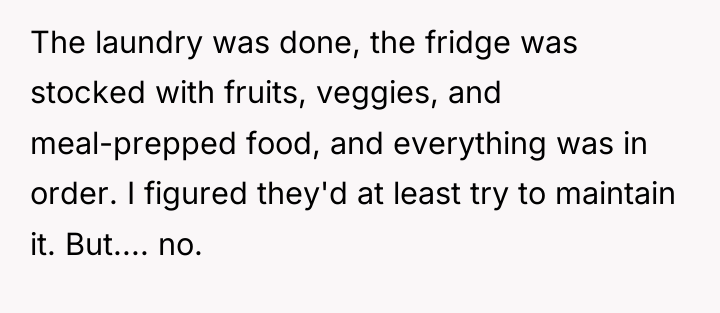 The laundry was done, the fridge was stocked with fruits,...