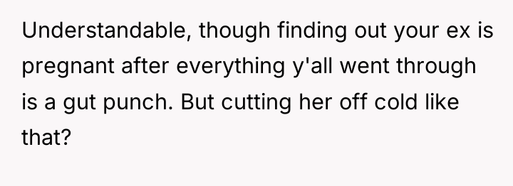 Understandable, though finding out your ex is pregnant after everything...