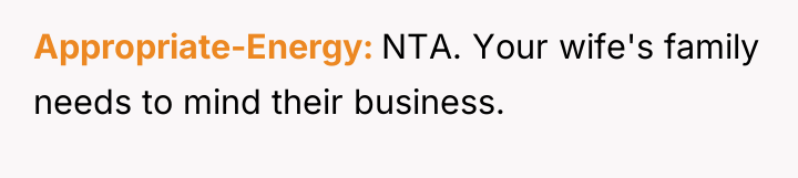 Appropriate-Energy NTA. Your wife's family needs to mind their business.