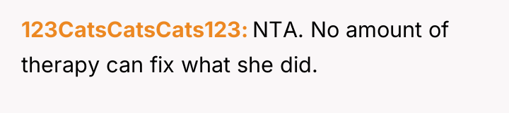 123CatsCatsCats123 NTA. No amount of therapy can fix what she...