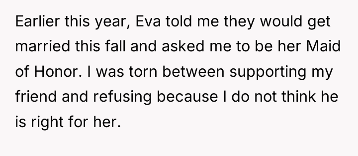 Earlier this year, Eva told me they would get married...