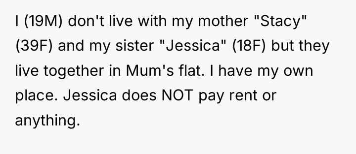 I (19M) don't live with my mother "Stacy" (39F) and...