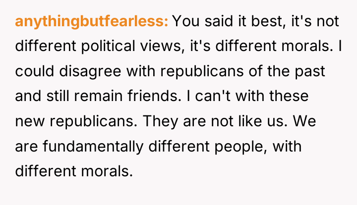 anythingbutfearless You said it best, it's not different political views,...