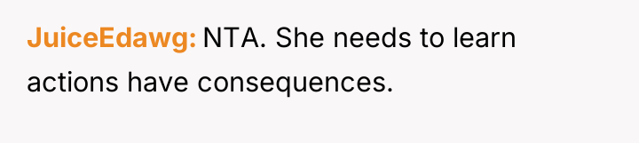 JuiceEdawg NTA. She needs to learn actions have consequences.