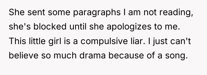 She sent some paragraphs I am not reading, she's blocked...