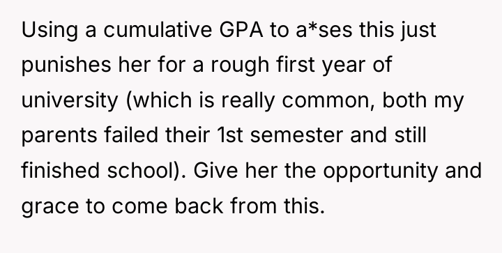 Using a cumulative GPA to a*ses this just punishes her...