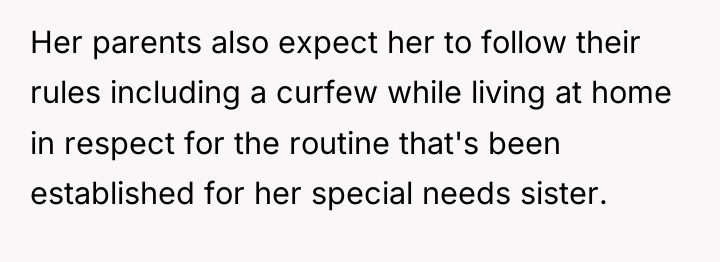 Her parents also expect her to follow their rules including...