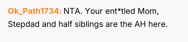 Ok_Path1734 NTA. Your ent*tled Mom, Stepdad and half siblings are...