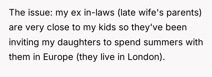 The issue: my ex in-laws (late wife's parents) are very...