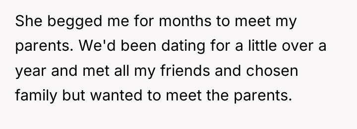 She begged me for months to meet my parents. We'd...